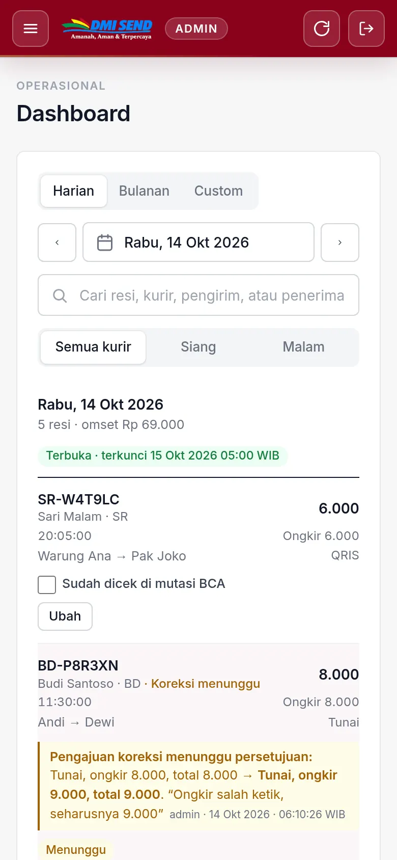 Dashboard admin Dumai Send versi demo dengan daftar resi dan cek mutasi BCA