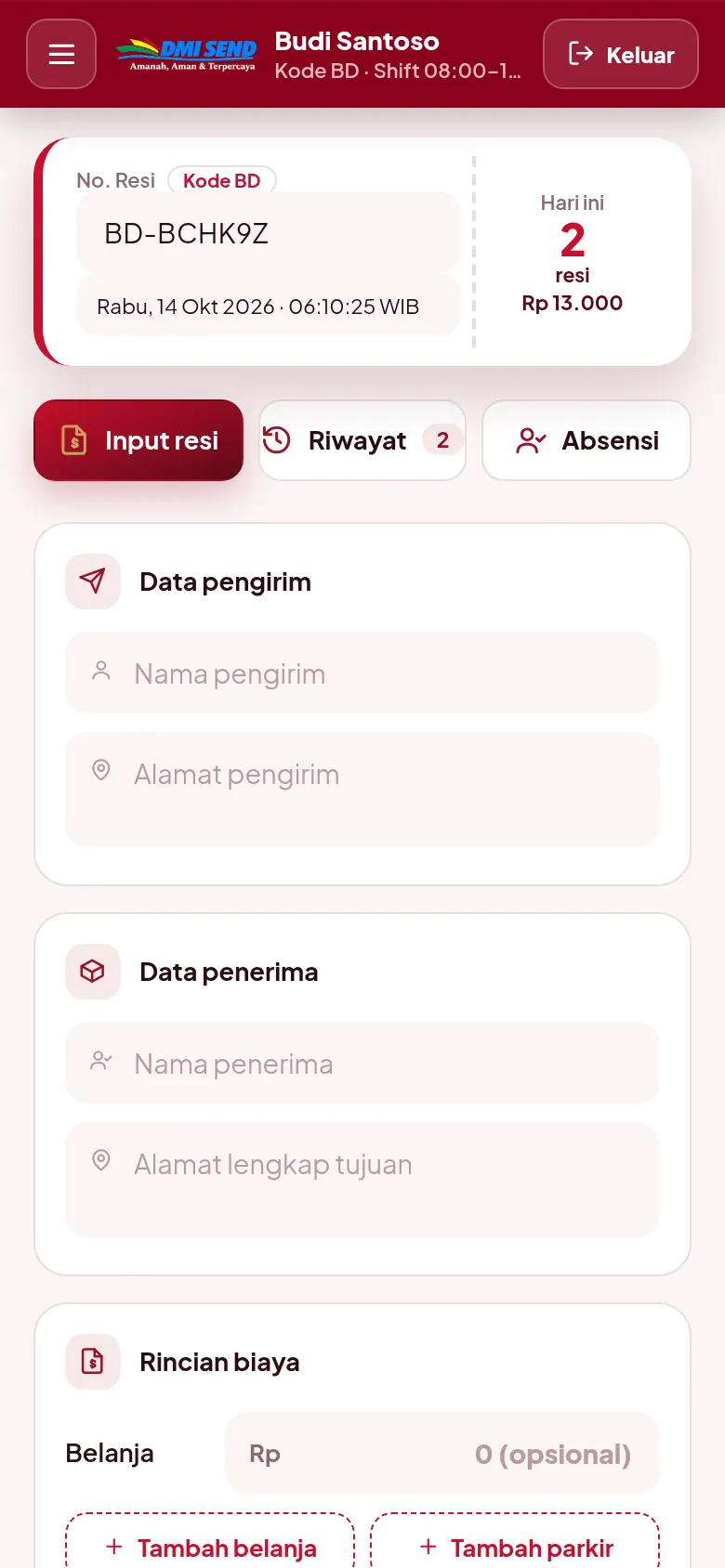 Layar input resi kurir di aplikasi Dumai Send versi demo
