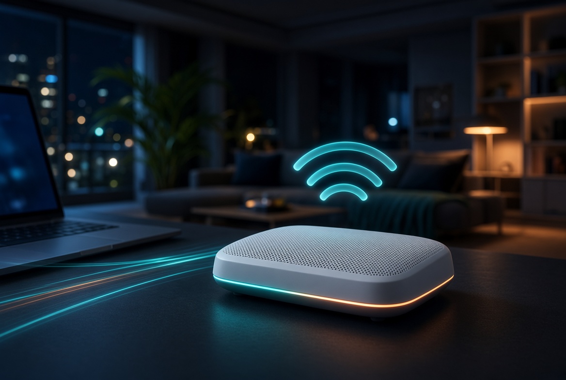 Router WiFi Meranti Net di ruang keluarga